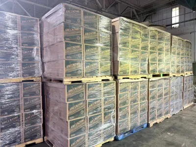 Rows of wrapped GreenZone pallets running back into the warehouse