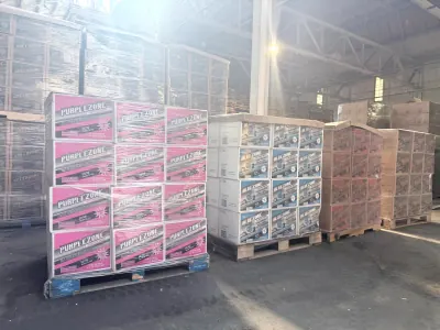 Pallets of PurpleZone and BlueZone cartons in the warehouse