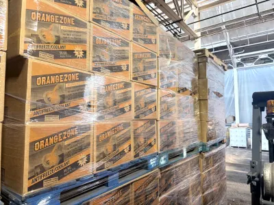 Wrapped pallets of OrangeZone antifreeze and coolant cartons